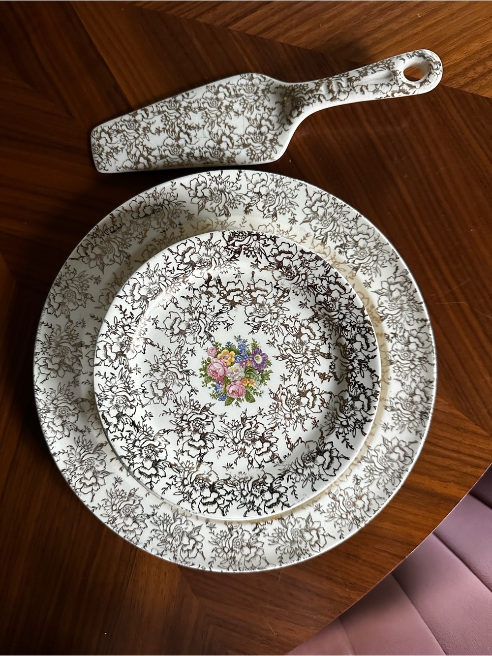 Floral Porcelain Dinner Plate Cake Server Set Atlas China 1930s 22K Gold USA